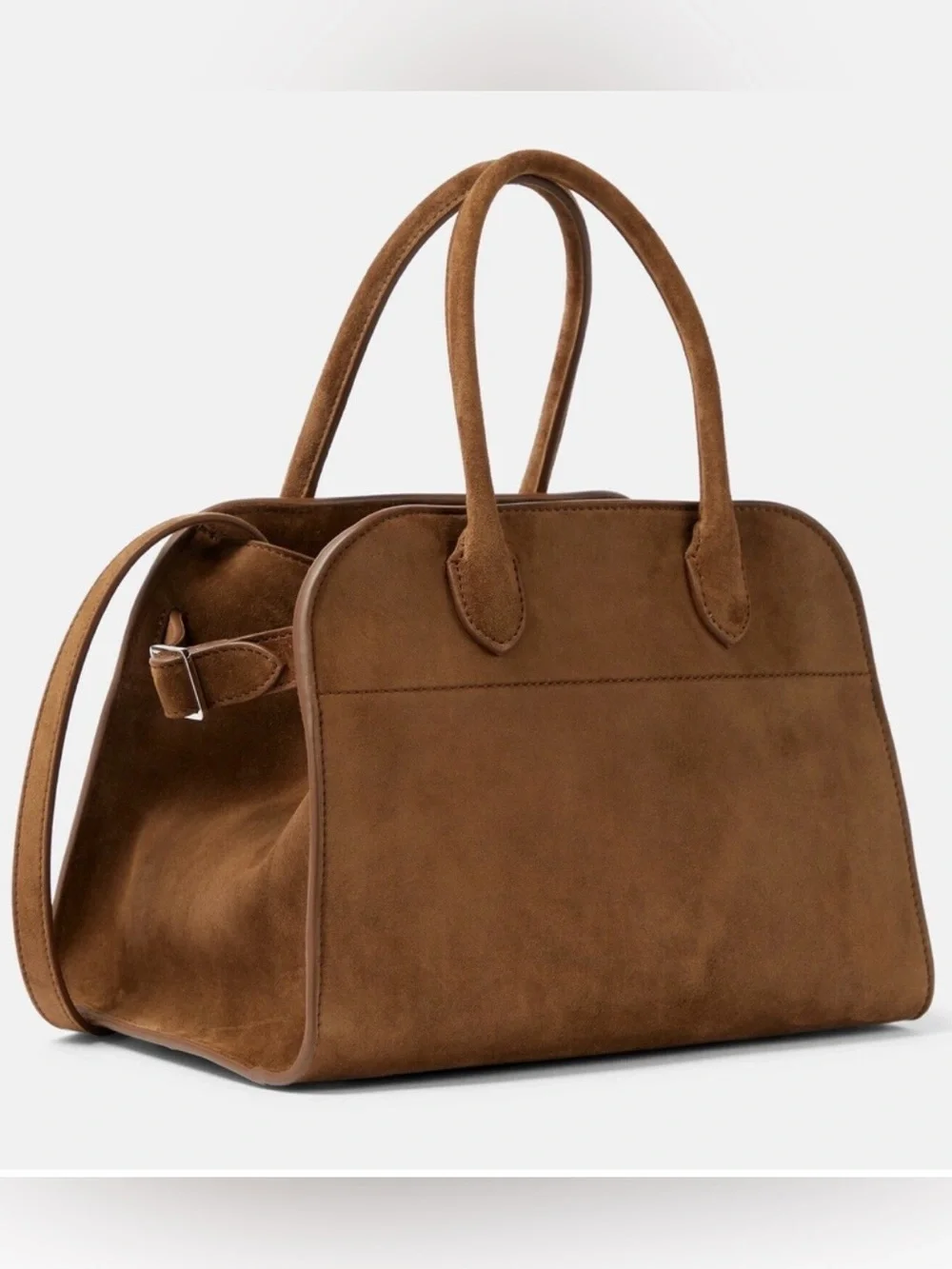 Woman’s Brown Faux-Suede Satchel Top-Handle Bag w/Buckle Accent & Magnet Closure